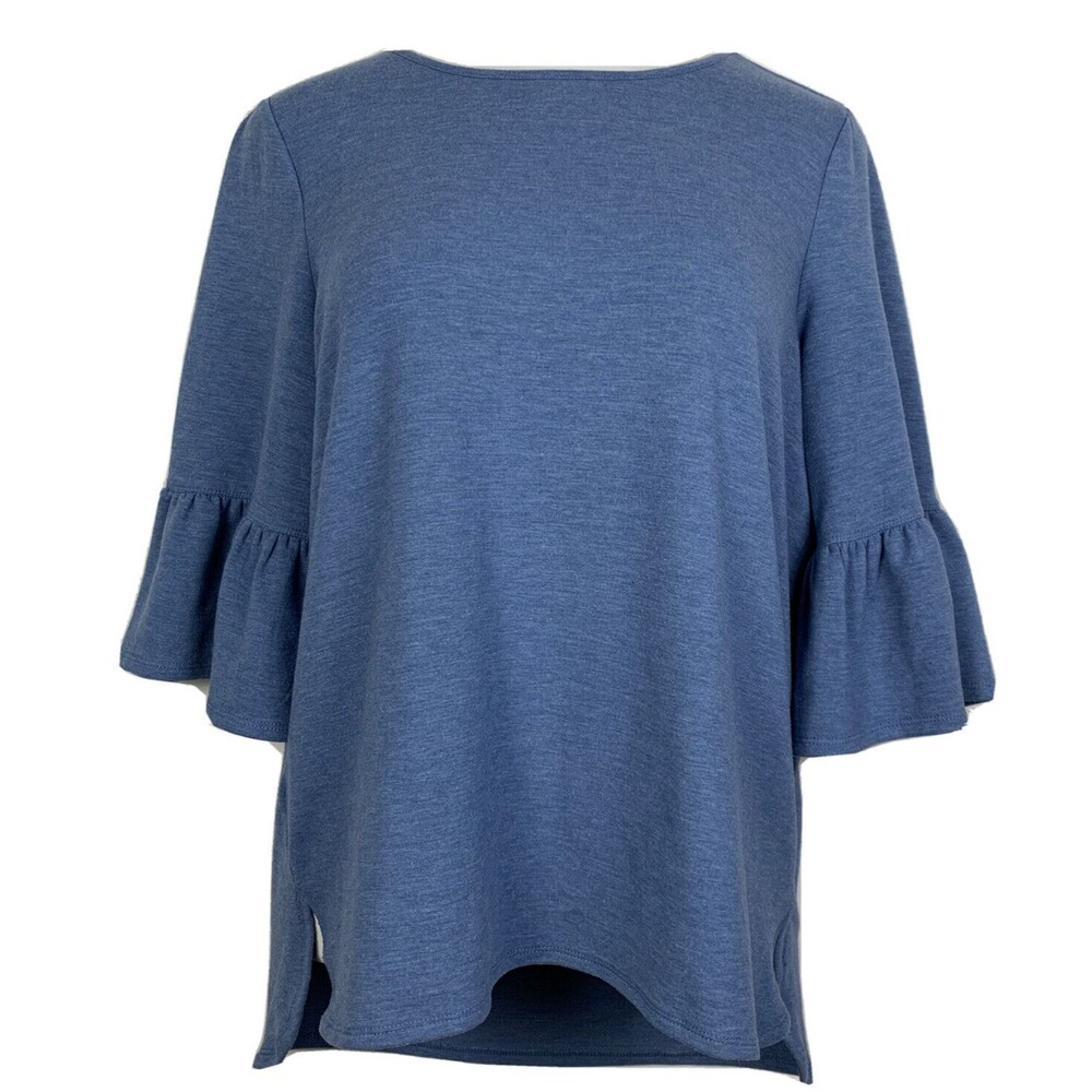 Adrianna Papell Tunic Knit Pullover Top Round Neck Blue Short Bell Sleeve Large